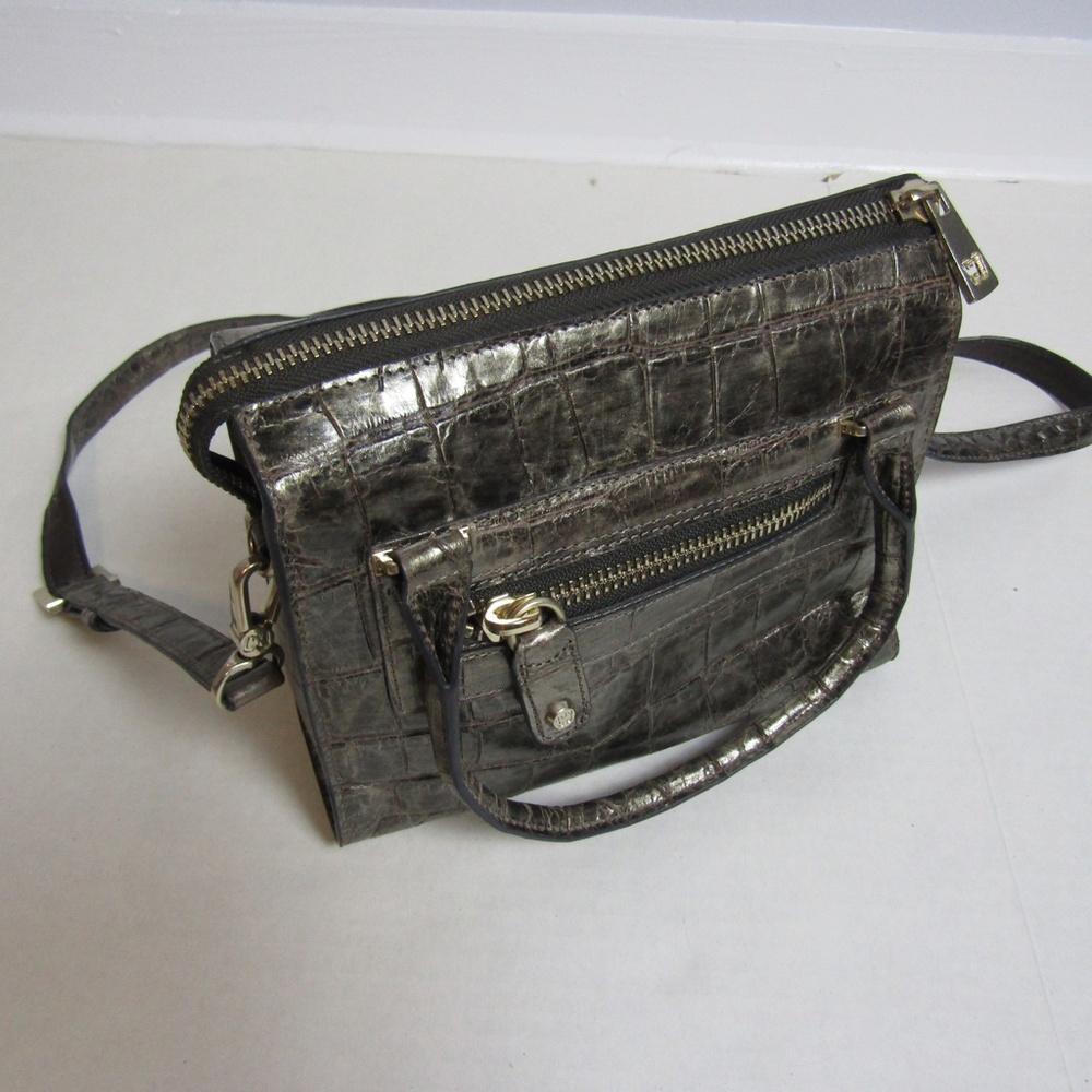 Eric Javits Metallic Pewter Croc-Print Bag